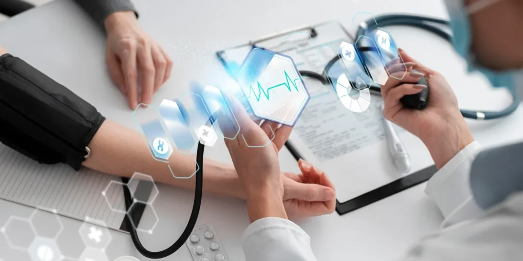 A doctor is checking a patients blood pressure while recording th
