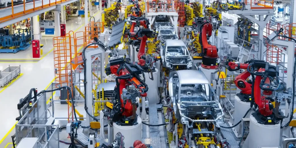 In the factory, robots and humans work together to complete the c