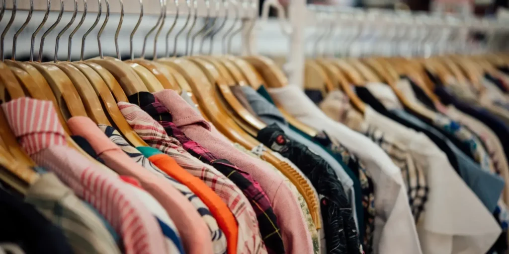 The shirts hang on hangers, neatly arranged. Each hanger has one