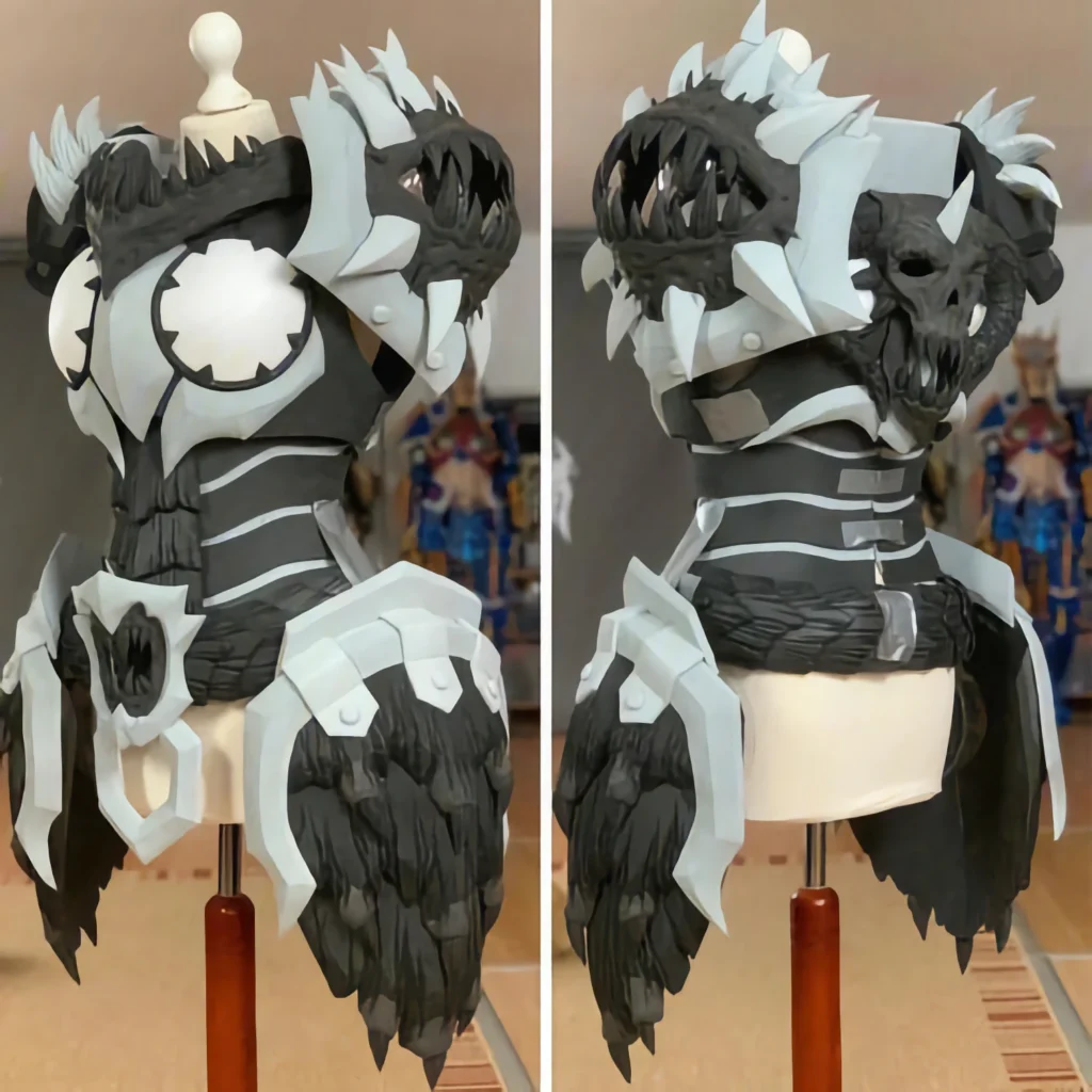 This is a prop cosplay costume made of EVA foam. It has fine sculpting and design to present a unique look. The main body color of the costume is black and white and it is decorated with some white spike-like objects. In addition, there is a black feather adorning the hem part of the costume.