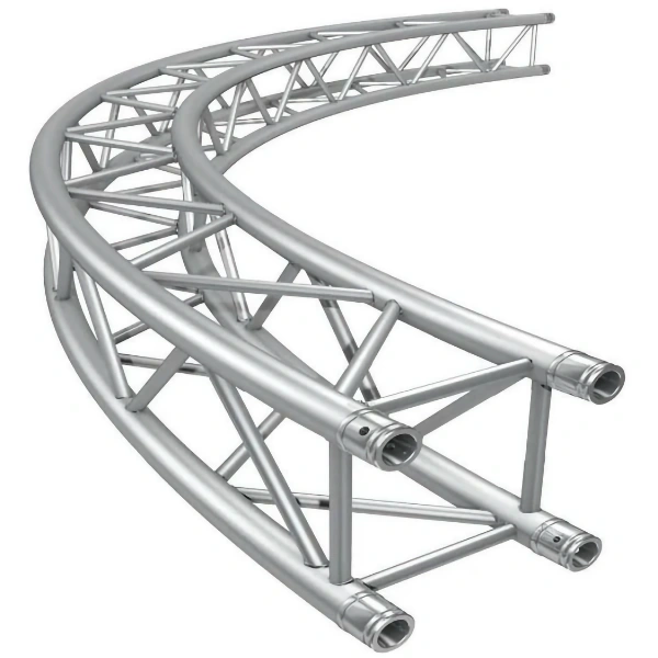 A set of silver, curved aluminium alloy trusses with a geometric frame structure, made up of multiple metal tubes and connectors, against a plain white background.
