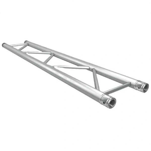 A silver aluminum alloy truss with a double - tube structure and triangular cross - supports, having connection ports at both ends, against a pure white background.