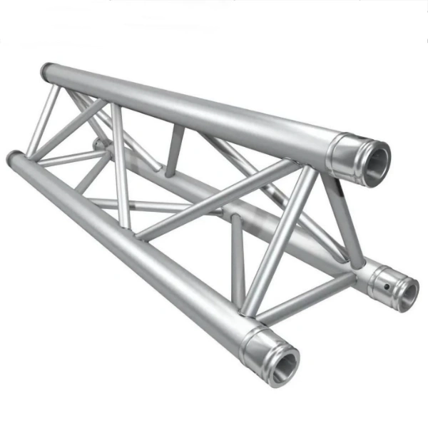 A 3D rendering of a silver aluminum alloy truss with a triangular framework, showcasing its structural design against a plain white background.
