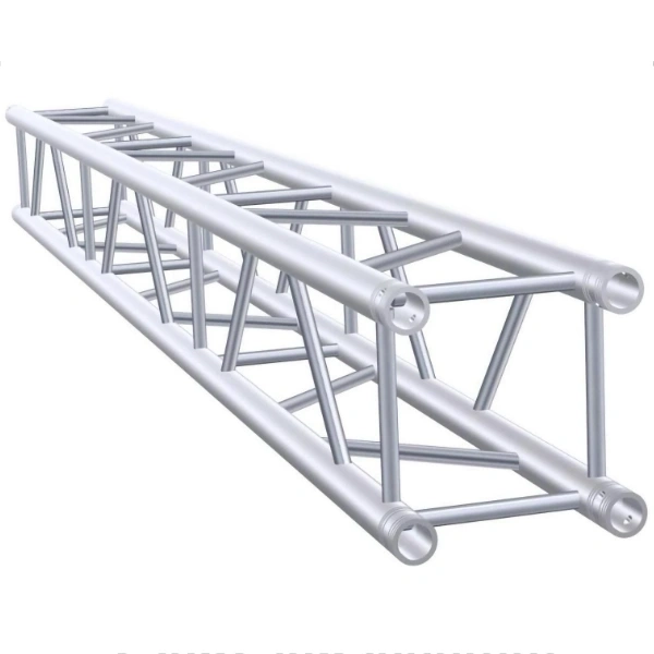 A 3D model of a silver aluminum alloy truss, featuring a triangular framework and cylindrical tubes, set against a plain white background.