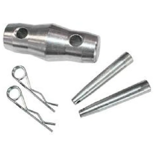 Stainless steel aluminum alloy truss accessories, including a cylindrical connector, two cotter pins, and two tapered pins, laid out on a plain white background.