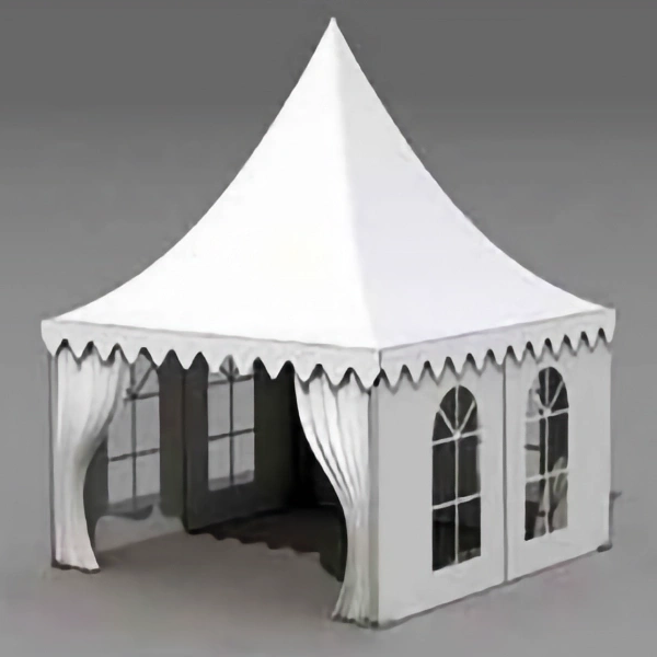 A white marquee tent structure with a peaked roof, featuring curtained openings and arched windows, showcasing an application of aluminium alloy truss in event shelter design, set against a plain gray background.