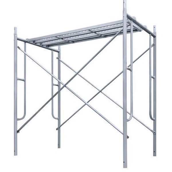 A silver aluminum alloy truss - based scaffolding structure with a platform, cross braces, and side rails, displayed against a plain white background.