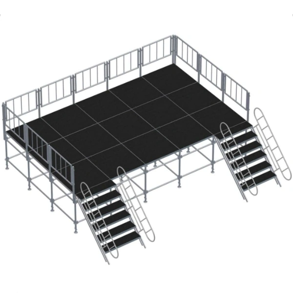 A 3D model of an outdoor stage structure featuring an aluminum alloy truss framework, black platform, railings, and staircases, set against a plain white background.