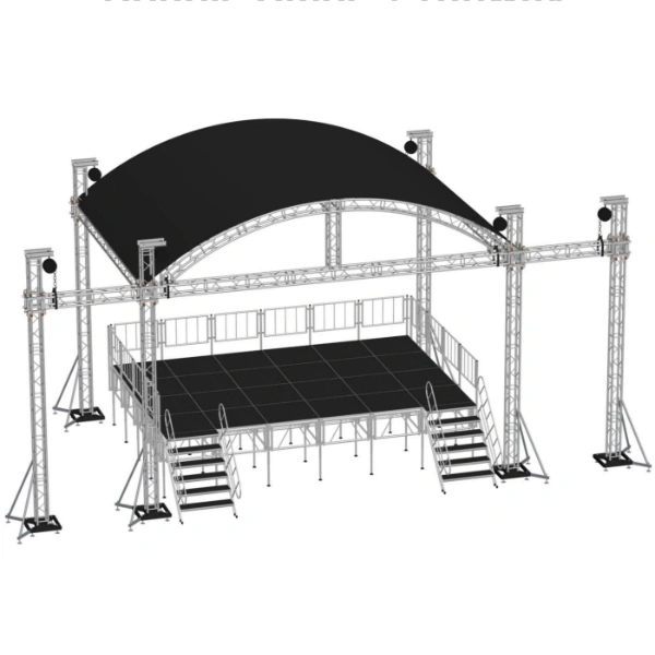 3D model of an outdoor stage setup featuring an aluminium alloy truss framework, including a curved roof, platform, railings, stairs, and lighting mounts, against a plain white background.