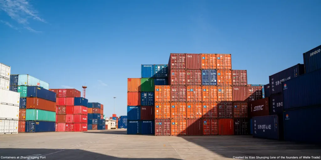 Stacked colorful containers (in red, orange, blue, green, etc.) with logos like "SINOKOR" at Zhangjiagang Port, set against a clear blue sky; this photo is created by Xiao Shunqing (one of the founders of Welle Trade).