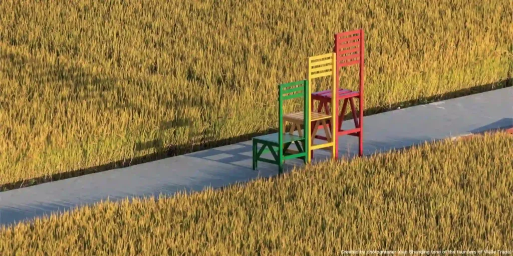 Aerial view of golden rice fields, with three colorful chairs (green, yellow, red) placed on a path between the fields; this photo is created by Xiao Shunqing (one of the founders of Welle Trade).