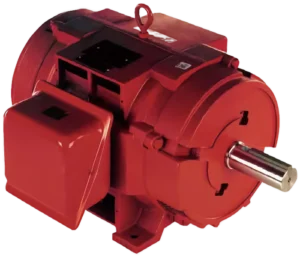 Red industrial electric motor with a silver output shaft, a lifting eyelet on top, and a terminal box on the side, set against a white background.