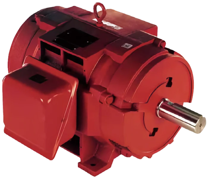 Red industrial electric motor with a silver output shaft, a lifting eyelet on top, and a terminal box on the side, set against a white background.
