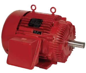 Red industrial electric motor with cooling fins, two lifting eyelets on top, a terminal box on the side, and a silver output shaft, set against a white background.