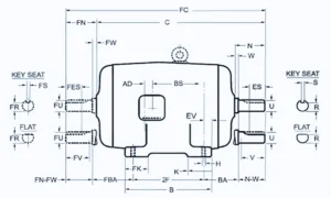 Black-and-white engineering technical drawing of an industrial electric motor side view, with dimension labels (FC, C, FN, FW, N, W, AD, BS, EV, FES, ES, FU, U, FV, V, FK, K, H, FBA, 2F, BA, B) and key seat/flat shaft end details on both sides.