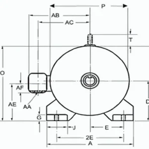 Black-and-white engineering technical drawing of an industrial electric motor front view, showing circular motor body, terminal box, and base mounting structure with dimension labels (P, AB, AC, T, O, AF, AE, AA, G, J, E, 2E, A, D) on white background.