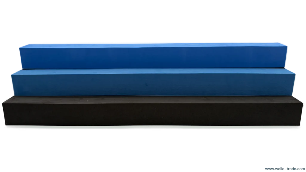 Custom Hollow PE/EVA Foam Columns: Three stacked rectangular foam blocks (bright blue, medium blue, black) made of high-density EVA/PE foam, with a smooth matte finish, displayed against a white background; the website "www.welle-trade.com" appears in the bottom right corner.