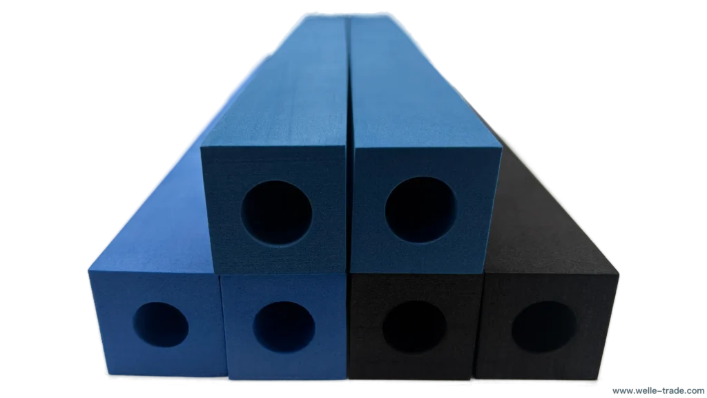 Custom Hollow PE/EVA Foam Columns: A set of rectangular foam bars in varying shades of blue and black, each featuring a precision-cut central circular hollow, displayed against a white background; the website "www.welle-trade.com" appears at the bottom right corner.