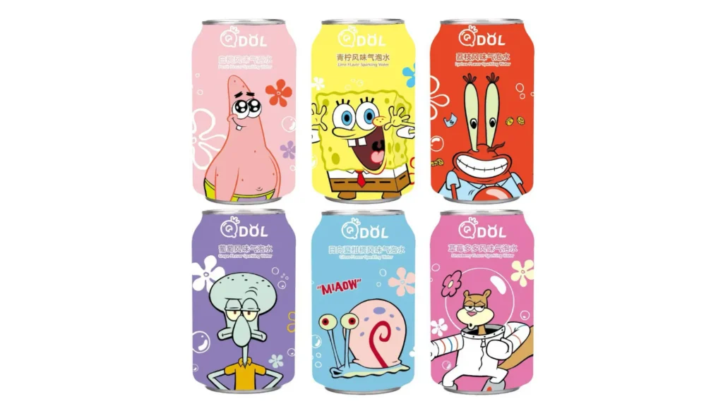 Fruit-flavored sparkling water in vibrant character-themed can packaging from a customizable private label beverage line
