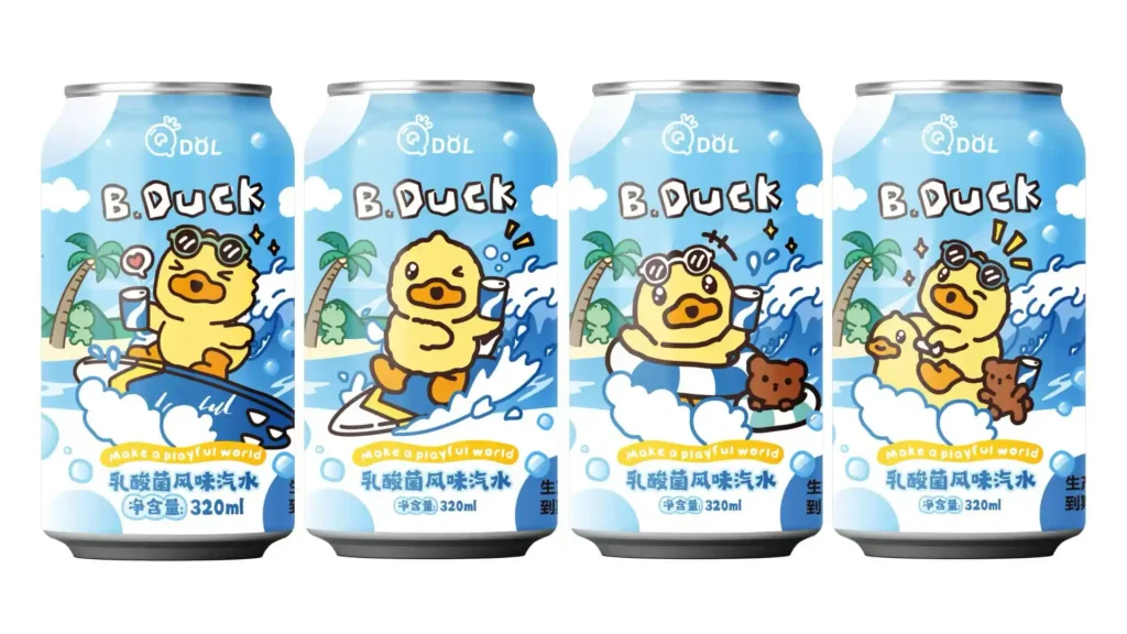 Four 320ml cans of lactic acid bacteria flavored soda with playful cartoon duck illustrations and a beach-themed design